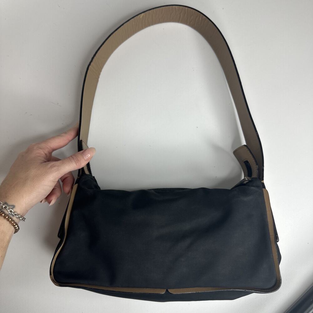 Bally Vintage Black Beige Nylon Leather Baguette Shoulder Bag Purse Made Italy - Picture 2 of 16